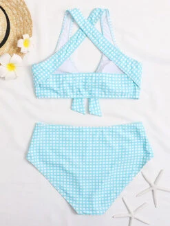 Two Piece Vintage Swimsuits Black Plaid Pattern Bows Halter Backless High Waisted Summer Beach Swimwear -Dresses Store 202104291601147484525