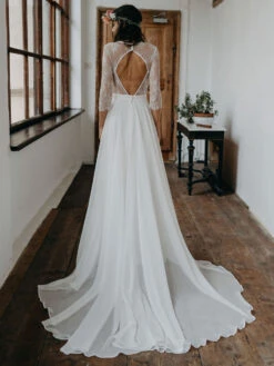 White Simple Causal Wedding Dress Lace Jewel Neck Half Sleeves Backless A-Line Lace Chiffon Long Bridal Gowns Free Customization -Dresses Store 202105071930112246827