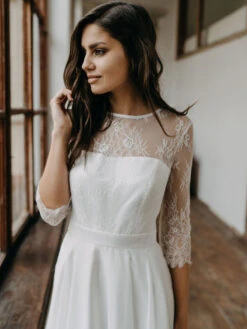 White Simple Causal Wedding Dress Lace Jewel Neck Half Sleeves Backless A-Line Lace Chiffon Long Bridal Gowns Free Customization -Dresses Store 202105071930115447726