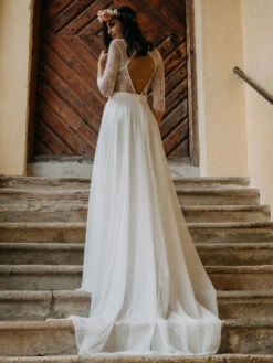 White Simple Causal Wedding Dress Lace Jewel Neck Half Sleeves Backless A-Line Lace Chiffon Long Bridal Gowns Free Customization -Dresses Store 202105071930118625336