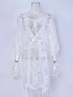 Cover Ups White Pleated Jewel Neck Half Sleeves Convertible Lace S -Dresses Store 202105071932058733171