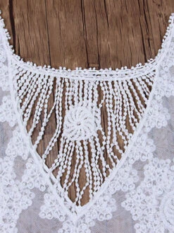 Cover Ups White Pleated Jewel Neck Half Sleeves Convertible Lace S -Dresses Store 202105071932061835196