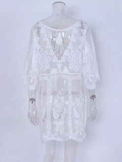 Cover Ups White Pleated Jewel Neck Half Sleeves Convertible Lace S -Dresses Store 202105071932072348553