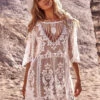 Cover Ups White Pleated Jewel Neck Half Sleeves Convertible Lace S
