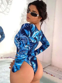 One Piece Swimsuits Blue Others Printed Zipper High Collar Irregular High Waisted Bathing Suits For Women -Dresses Store 202105141808004236051