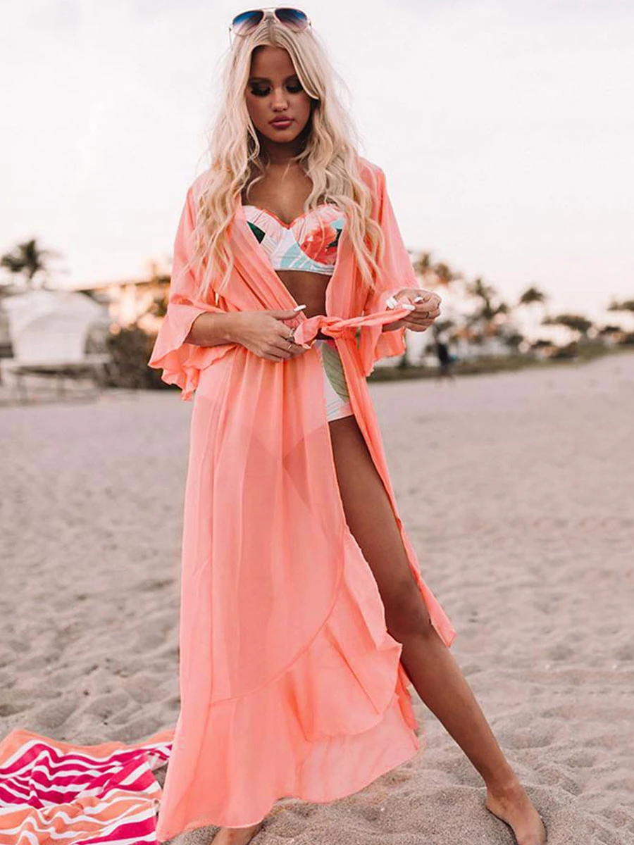 Pink V Neck Short Sleeves Chiffon Cover Ups For Women 3 Pink V Neck Short Sleeves Chiffon Cover Ups For Women