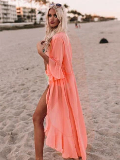 Pink V Neck Short Sleeves Chiffon Cover Ups For Women 10 Pink V Neck Short Sleeves Chiffon Cover Ups For Women -Dresses Store 202107081704013193804