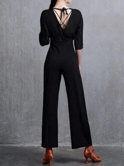 Latin Dance Jumpsuit Black V-Neck Long Sleeves Lycra Spandex Jumpsuit Dancing Costume -Dresses Store 202108031541243759003