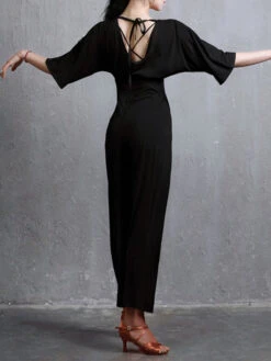 Latin Dance Jumpsuit Black V-Neck Long Sleeves Lycra Spandex Jumpsuit Dancing Costume -Dresses Store 202108031541247944372