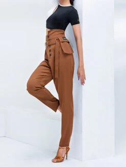 Ballroom Dance Costumes Khaki Lycra Spandex Pants Dancing Wear For Women -Dresses Store 202108091715241062815