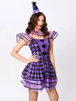 Halloween Joker Costumes For Women Purple Two-Tone Plaid Pattern Sexy Dress Hat Polyester Holidays Costumes Full Set -Dresses Store 202108201042496078491