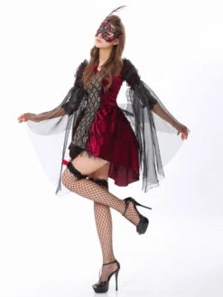 Halloween Vampire Costumes For Women Burgundy Sexy  Mask Polyester Lace Dress Holidays Costumes Full Set -Dresses Store 202108201042505864920
