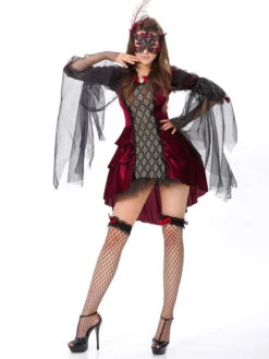 Halloween Vampire Costumes For Women Burgundy Sexy  Mask Polyester Lace Dress Holidays Costumes Full Set -Dresses Store 202108201042525752730