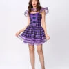 Halloween Joker Costumes For Women Purple Two-Tone Plaid Pattern Sexy Dress Hat Polyester Holidays Costumes Full Set -Dresses Store 202108201042561591899