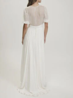 Ivory Simple Causal Wedding Dress Chiffon V Neck Short Sleeves A-Line Chiffon Bridal Dresses Free Customization -Dresses Store 202110182135289472865