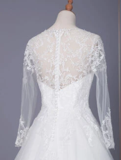 White Simple Wedding Dress A-Line V-Neckline Long Sleeves Zipper Lace Tulle Bridal Dresses Free Customization -Dresses Store 202110281517075836211