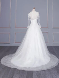 White Simple Wedding Dress A-Line V-Neckline Long Sleeves Zipper Lace Tulle Bridal Dresses Free Customization -Dresses Store 202110281517079348392