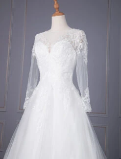 White Simple Wedding Dress A-Line V-Neckline Long Sleeves Zipper Lace Tulle Bridal Dresses Free Customization -Dresses Store 20211028151729192783