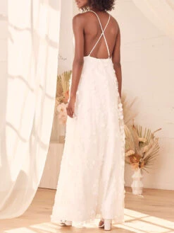 White Engagement Dress 2023 V-Neck Sleeveless Backless Floor Length A-Line Lace Honeymoon Dress Free Customization -Dresses Store 202111031125285274568