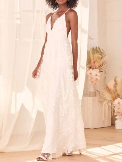 White Engagement Dress 2023 V-Neck Sleeveless Backless Floor Length A-Line Lace Honeymoon Dress Free Customization -Dresses Store 202111031125288571179