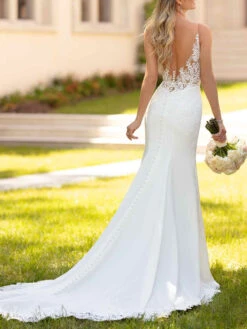 White Simple Mermaid Wedding Dress V-Neck Sleeveless Backless Lace Bridal Gowns Free Customization -Dresses Store 202111031126057955131