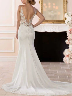 White Simple Mermaid Wedding Dress V-Neck Sleeveless Backless Lace Bridal Gowns Free Customization -Dresses Store 202111031126065925437