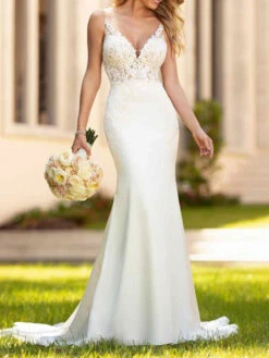 White Simple Mermaid Wedding Dress V-Neck Sleeveless Backless Lace Bridal Gowns Free Customization -Dresses Store 20211103112607262681