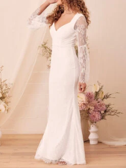 White Mermaid Engagement Dress 2023 V-Neck Long Sleeves Backless Floor Length A-Line Lace Cheap Bridal Dress Free Customization -Dresses Store 202111031434499482837
