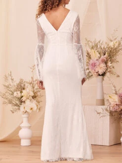 White Mermaid Engagement Dress 2023 V-Neck Long Sleeves Backless Floor Length A-Line Lace Cheap Bridal Dress Free Customization -Dresses Store 202111031434503209166