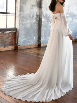 White Simple Wedding Dress With Train Chiffon Strapless Long Sleeves Backless Lace A-Line Bridal Gowns Free Customization -Dresses Store 202111031524191652922