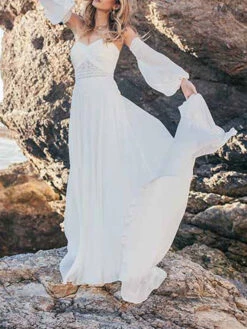 White Simple Wedding Dress With Train Chiffon Strapless Long Sleeves Backless Lace A-Line Bridal Gowns Free Customization -Dresses Store 20211103152419901561