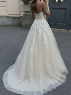 Ecru White Simple Wedding Dress With Train Lace Strapless Sleeveless Backless Lace A-Line Bridal Gowns Free Customization -Dresses Store 202111161700236458664