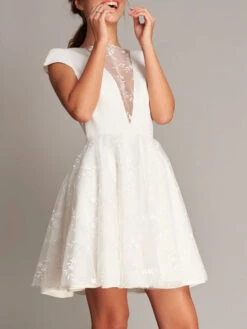Ivory Short Wedding Dress Jewel Neck Short Sleeves A-Line Bridal Dress Free Customization -Dresses Store 202112071747394556627