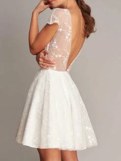 Ivory Short Wedding Dress Jewel Neck Short Sleeves A-Line Bridal Dress Free Customization -Dresses Store 202112071747397887734