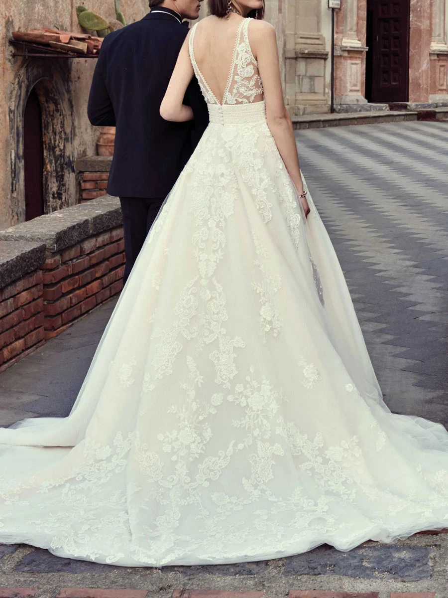 Ivory Simple Wedding Dress With Train V-Neck Sleeveless Backless Lace A-Line Bridal Gowns Free Customization 7 Ivory Simple Wedding Dress With Train V-Neck Sleeveless Backless Lace A-Line Bridal Gowns Free Customization - Image 5