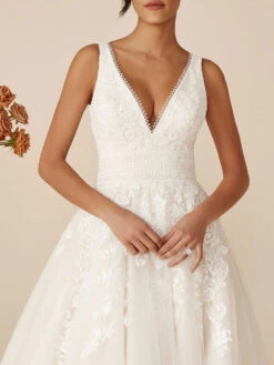 Ivory Simple Wedding Dress With Train V-Neck Sleeveless Backless Lace A-Line Bridal Gowns Free Customization 9 Ivory Simple Wedding Dress With Train V-Neck Sleeveless Backless Lace A-Line Bridal Gowns Free Customization -Dresses Store 202112071747508172497