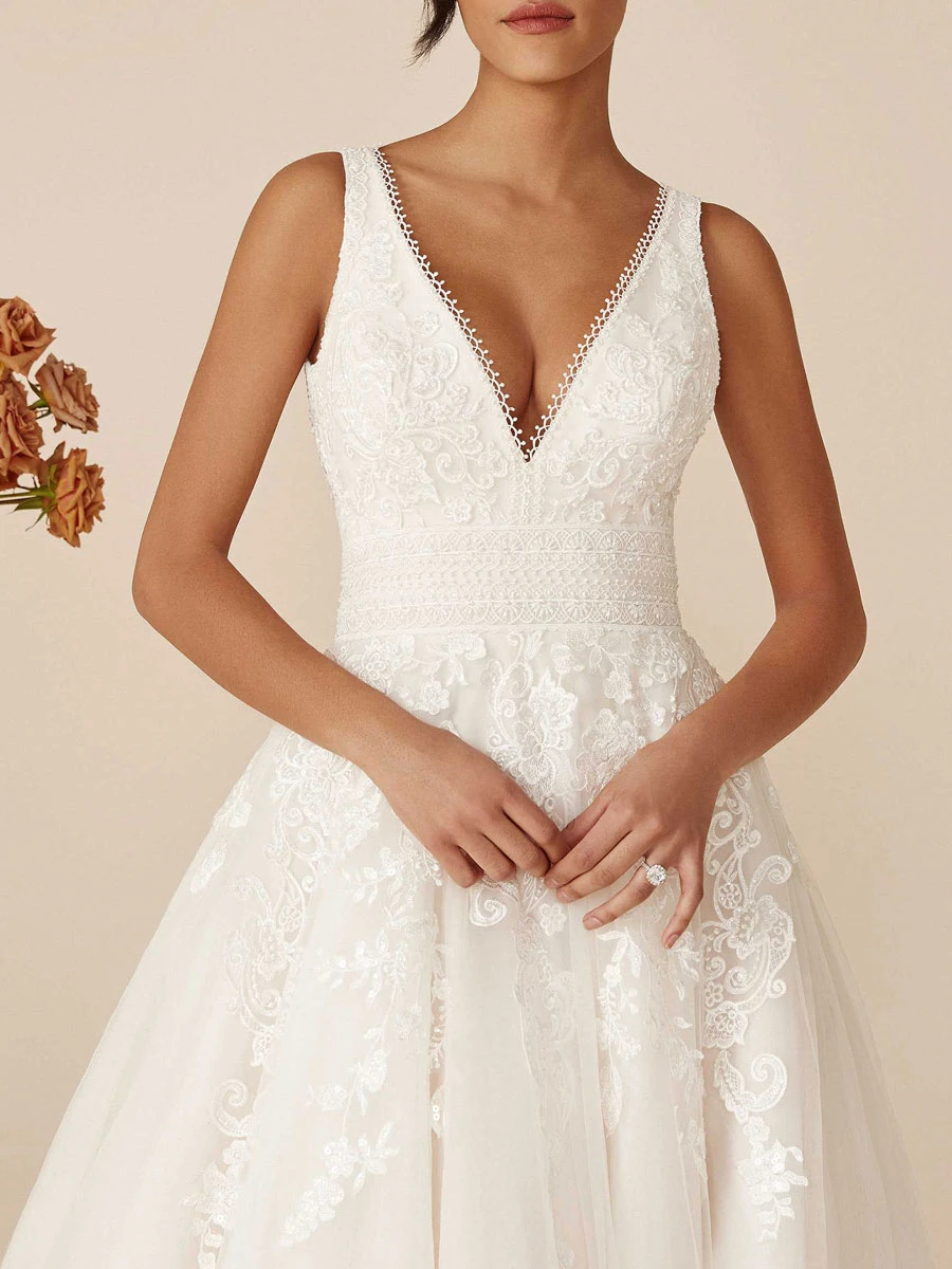 Ivory Simple Wedding Dress With Train V-Neck Sleeveless Backless Lace A-Line Bridal Gowns Free Customization 5 Ivory Simple Wedding Dress With Train V-Neck Sleeveless Backless Lace A-Line Bridal Gowns Free Customization - Image 3