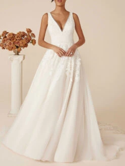 Dresses Store 14 Ivory Simple Wedding Dress With Train V-Neck Sleeveless Backless Lace A-Line Bridal Gowns Free Customization