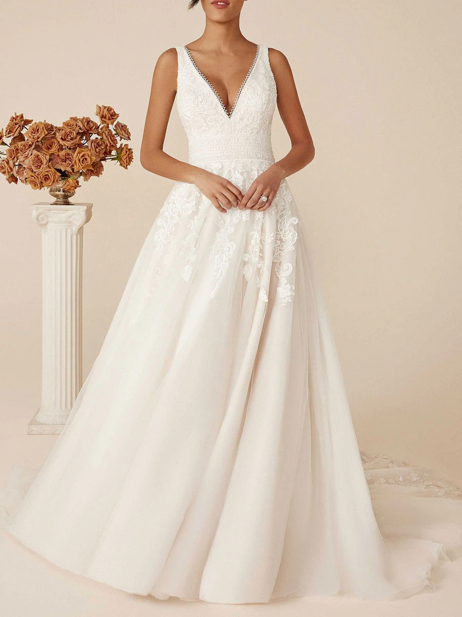 Ivory Simple Wedding Dress With Train V-Neck Sleeveless Backless Lace A-Line Bridal Gowns Free Customization 3 Ivory Simple Wedding Dress With Train V-Neck Sleeveless Backless Lace A-Line Bridal Gowns Free Customization