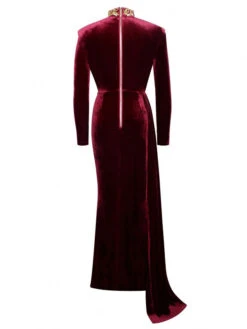 Burgundy Maxi Dress High Collar Long Sleeves High Slit Layered Floor Length Dress -Dresses Store 202112151716088716573