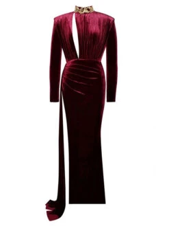 Burgundy Maxi Dress High Collar Long Sleeves High Slit Layered Floor Length Dress -Dresses Store 202112151716112207827