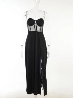 Birthday Party Dresses Black Strapless Sleeveless High Slit Semi Formal Maxi Dress -Dresses Store 202201251515085758453