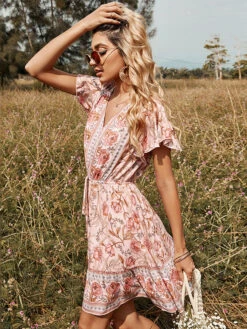 Summer Dress V-Neck Floral Print Pink Beach Dress 12 Summer Dress V-Neck Floral Print Pink Beach Dress -Dresses Store 202202211552575441907