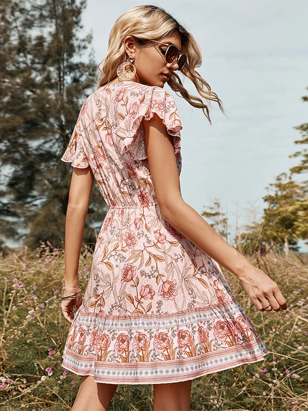 Summer Dress V-Neck Floral Print Pink Beach Dress 4 Summer Dress V-Neck Floral Print Pink Beach Dress - Image 2