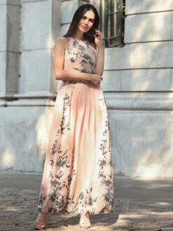 Summer Dress Floral Print Pink Long Beach Dress -Dresses Store 202203091127315627683