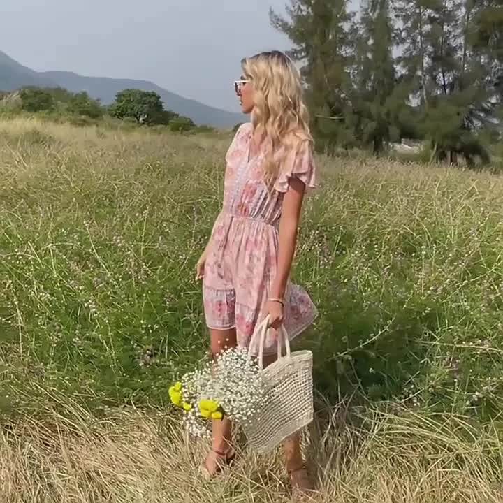 Summer Dress V-Neck Floral Print Pink Beach Dress 10 Summer Dress V-Neck Floral Print Pink Beach Dress - Image 8