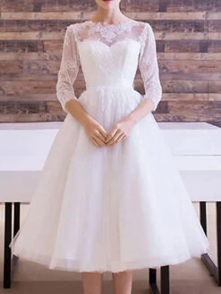 Short Wedding Dress A-Line Jewel Neck 3/4 Length Sleeves Lace Bridal Dresses