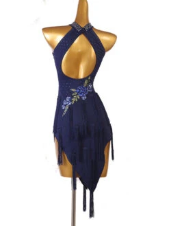 Latin Dance Dresses Dark Navy Women's Rhinestones Floral Print Bodycon Sexy Polyester Dress Dancing Wear -Dresses Store 202204191816399936427
