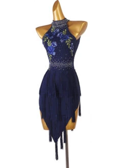 Latin Dance Dresses Dark Navy Women's Rhinestones Floral Print Bodycon Sexy Polyester Dress Dancing Wear -Dresses Store 20220419181640273249