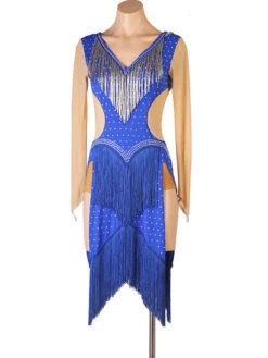 Latin Dance Costume Blue Women's Polyester Dress Sexy Fringe Rhinestones Latin Dancer Dancing Costume -Dresses Store 202204211735108447554